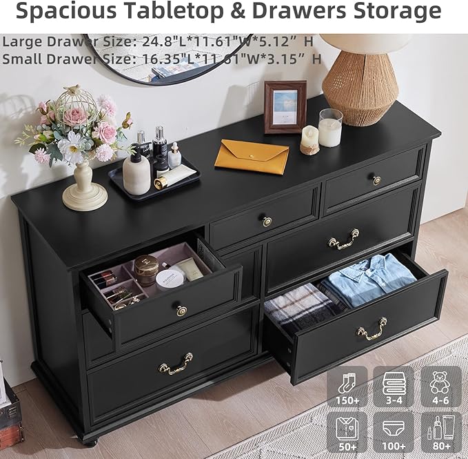 Farmhouse 7 Drawers Dresser Sets of 2 for Bedroom, Black 54 Inch Wide Chest of Drawers w/ 4 Wooden Legs, Large Vintage Rustic Closet Dressers for Living Room, Wood TV Stand