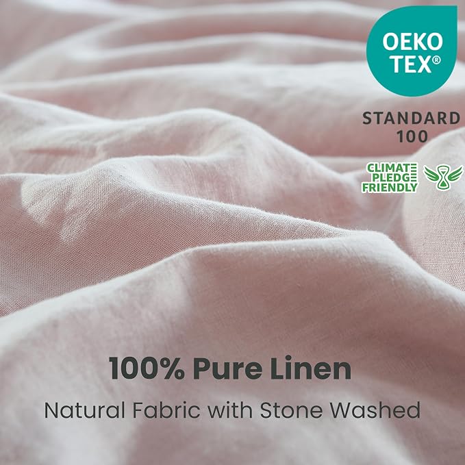 Simple&Opulence 100% Linen Duvet Cover Set 3pcs with Coconut Button Closure Natural French Washed Flax Solid Color Soft Breathable Farmhouse Bedding - Blush Pink, Queen Size
