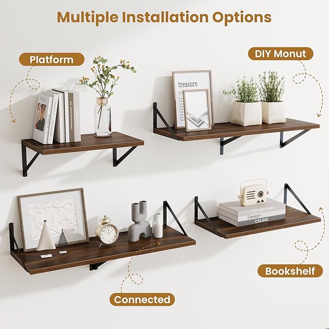 48inch Floating Shelves for Wall,10" Deep Floating Shelves with Metal Brackets,Wall Mounted Hanging Floating Shelf,Wide Display Shelves for Living Room,Bedroom,Office,Kitchen,Walnut