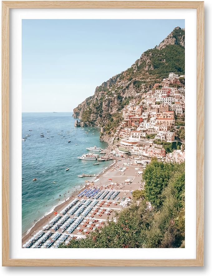 HesenDot Natural OAK Wood Framed Italian Positano Beach Wall Art,12x16in Amalfi Coast Canvas Wall Print,Summer Coastal Landscape Poster Wall Decor for Living Room,Bedroom,Office Gallery Set of 1