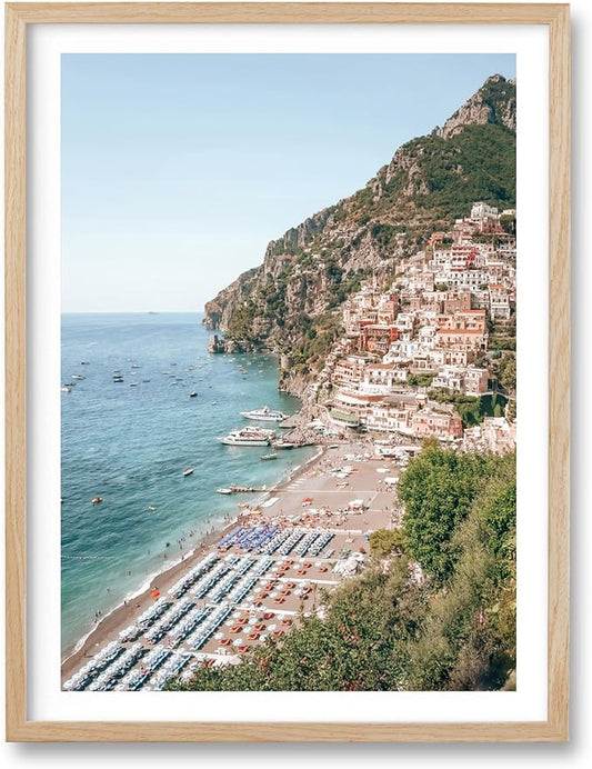 HesenDot Natural OAK Wood Framed Italian Positano Beach Wall Art,12x16in Amalfi Coast Canvas Wall Print,Summer Coastal Landscape Poster Wall Decor for Living Room,Bedroom,Office Gallery Set of 1