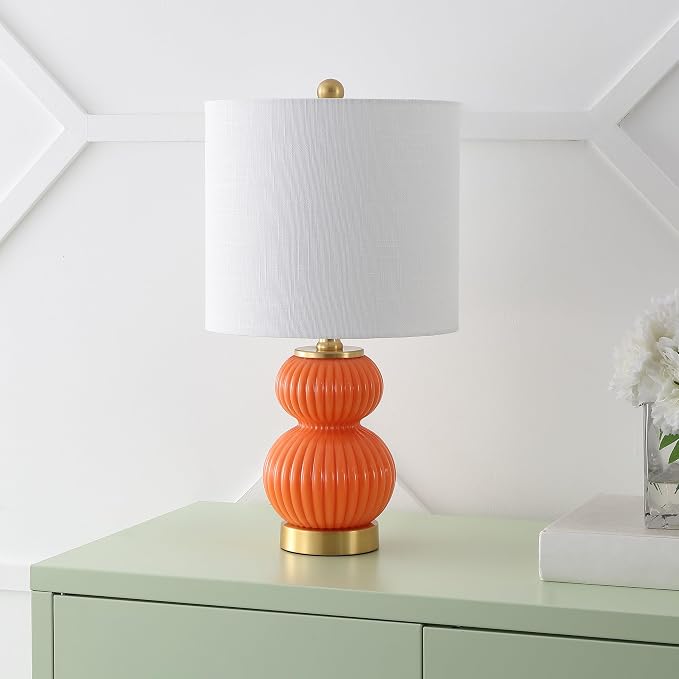 JONATHAN Y 20" Orange/Brass Gold Ribbed Gourd Glass Table Lamp, Modern Bedside Lamp for Bedroom Living Room, White Linen Drum Shade, LED Bulb Included (JYL1099E)
