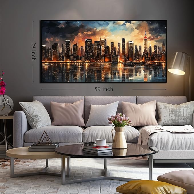 New York Skyline Wall Art for Living Room Modern City Wall Decor for Office Black Framed Wall Art 29 x 58 Inch