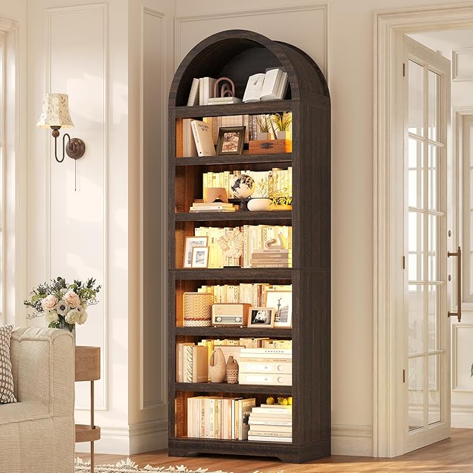 79.4"Tall Arched Cabinet,Bookcase with storage,Mid-Century Modern 7-Tier Bookshelf with RGB Light,2 Book Risers,Adjustable Shelf offering more space for Living Room,Kitchen,Home Office(Walnut)