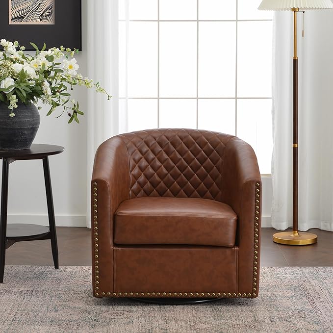 KINWELL 29" Wide Tufted Faux Leather Accent Chair, Small Swivel Barrel Chair, Modern Round PU Leather Upholstered Armchair with Nailhead Trim for Living Room Apartment, Brown
