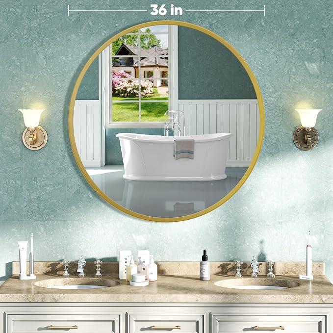 NEWBULIG Round Bathroom Mirror for Over Sink, 36 Inch Wall Mount Vanity Circle Mirror with Matte Metal Framed, Decor for Bathroom, Entryway, Bedroom, Gold