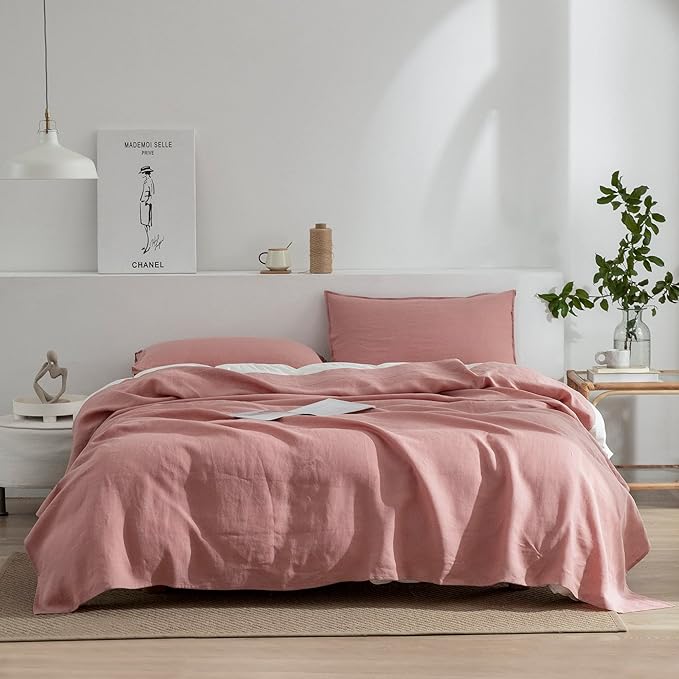 EVERLY Linen Sheets Set Full Size,100% French Stonewash Pure Linen Sheets Set,4Pieces (1Flat Sheet,1Fitted Sheet,2Pillowcase) Suitable for Hot Sleepers,Deep Pocket Natural Bedding Set-Pink