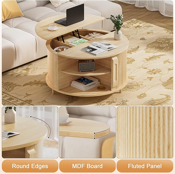 Round Lift Top Coffee Table, 31.5” Fluted Wood Lift Up Center Table with Sliding Door & Hidden Storage, Mid Century Modern Coffee Table for Living Room & Home Office (Natural)