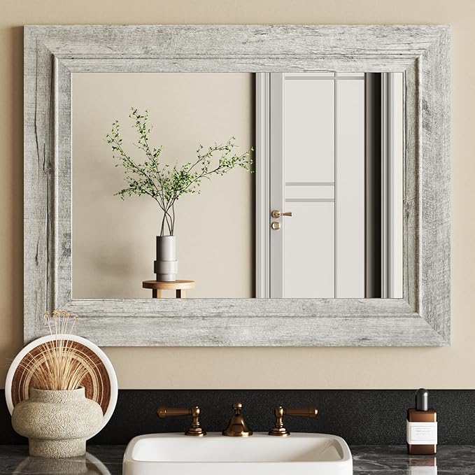 Rustic Wall-Mounted Vanity Mirror, Solid Wood Frame Bathroom Mirror, Farmhouse Style for Living Room, Bedroom, Entryway, Horizontal/Vertical Hanging