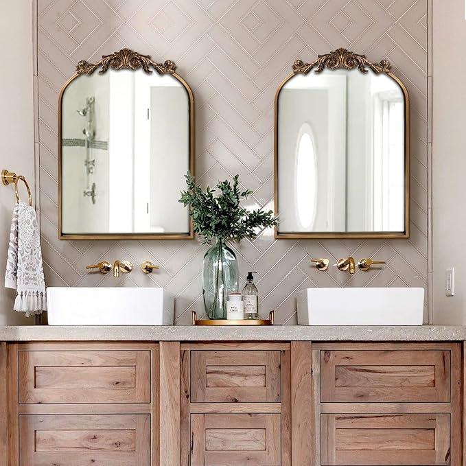 Gold Traditional Vintage Ornate Baroque Mirror,Gold Brass Mirror for Wall,Victorian Antique Bronze Mirrors Arched for Bathroom/Living Room/Hallway/Fireplace 19"X27"