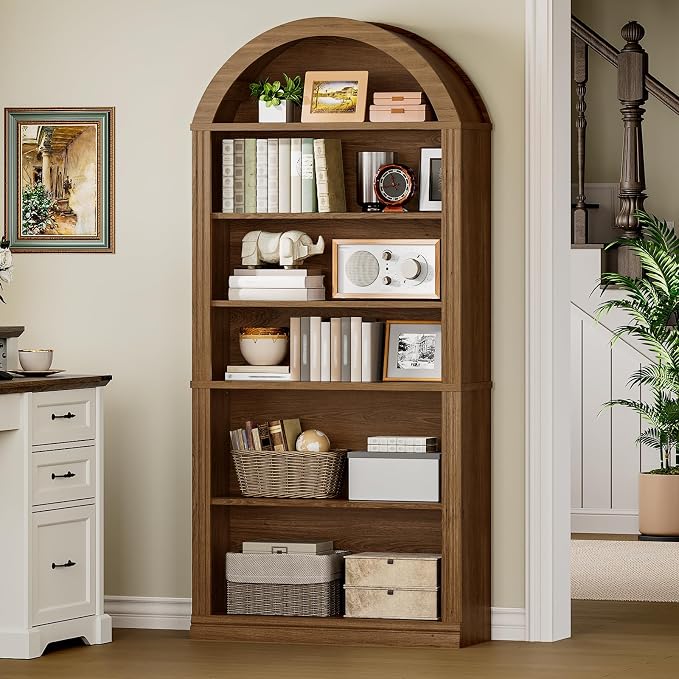 RALGEND Arched Bookshelf Set of 2, 75.8" Tall Arch Bookcase with Storage, 6-Tier Farmhouse Book Shelf, Arched Cabinet, Wooden Bookshelf with Open Display Shelves, Adjustable Shelf, Office, Walnut