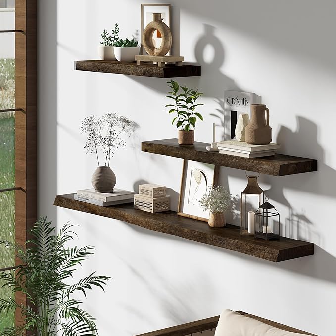 Rustic Floating Shelves for Home Decor, 32 Inch Long Wall Shelves Set of 2, Solid Elm Wood Live Edge Floating Shelf for Wall, 8 Inch Deep Bookshelf for Storage, 32 x 8 Bathroom Shelf, Walnut Color