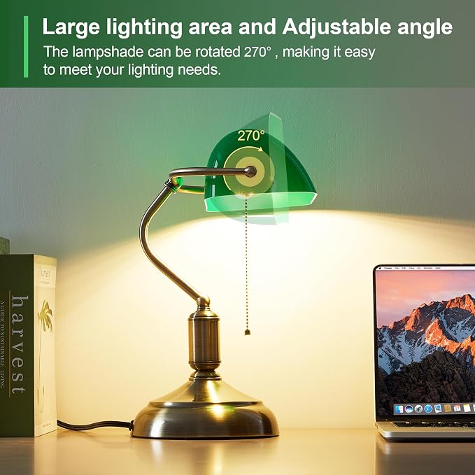 Bankers Lamp, Green Desk Lamp with Pull Chain Switch, 3 Lighting Color Mid Century Banker's Desk Light for Home Office Library Christmas (Green Plastic Lampshade)