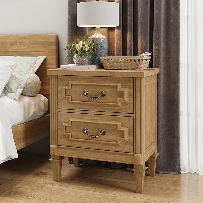 Farmhouse Nightstand wtih Vintage Surface, 30" End Table, Side Table with 2 Drawers Storage Cabinet for Bedroom, Living Room, Natural Oak