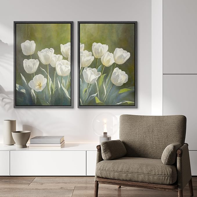 IDEA4WALL Framed Canvas Print Wall Art Set White Tulip Floral Botanical Bloom Illustrations Modern Art Decorative Bohemian Calm/Zen for Living Room, Bedroom, Office - 24"x36"x2 Black