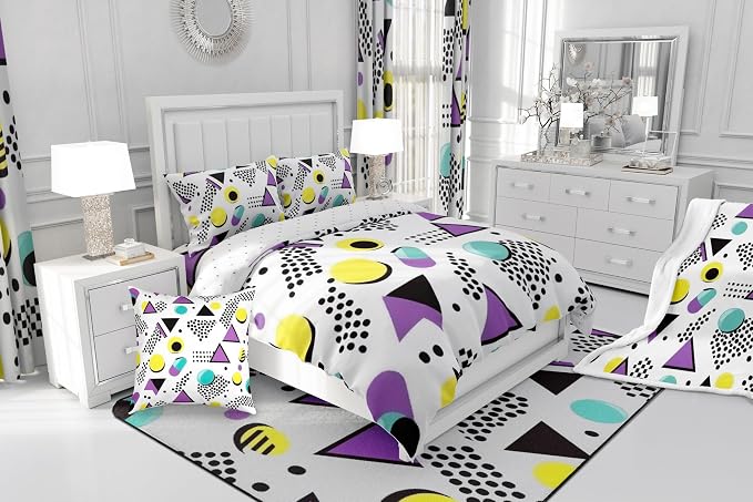 Memphis Style Duvet Cover Full Abstract Colorful Design with Dots Funky Bedding Set for Kids Child Girls Vintage Eighties Comforter Cover Memphis Fashion Bed Sets 80'S Style Retro 1980s Home Decor