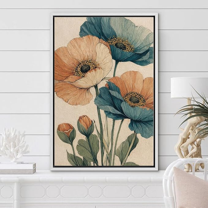 Woodrose Framed Canvas Print Wall Art Vintage Poppy Flowers Botanical Illustrations Modern Art Minimalist 3D Colorful Ultra for Living Room, Bedroom, Office - 24"x36" WHITE