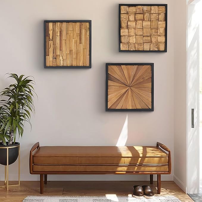 Greenage Teak Wood Wall Decor 16.9"x16.9" Farmhouse Slender Strip Pattern Rustic Natural Wood Wall Art Hanging Decoration Textured Wooden Frame Wall Panel for Home Living Room Bedroom