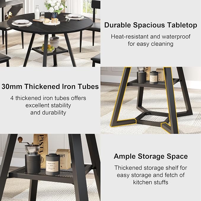 knoworld 47" Round Dining Table for 4, Kitchen Tables Dining Room Circle Dinner Table with Pedestal Metal Frame, Space Saving Wood Industrial Kitchen & Dining Room Tables, Black 47In