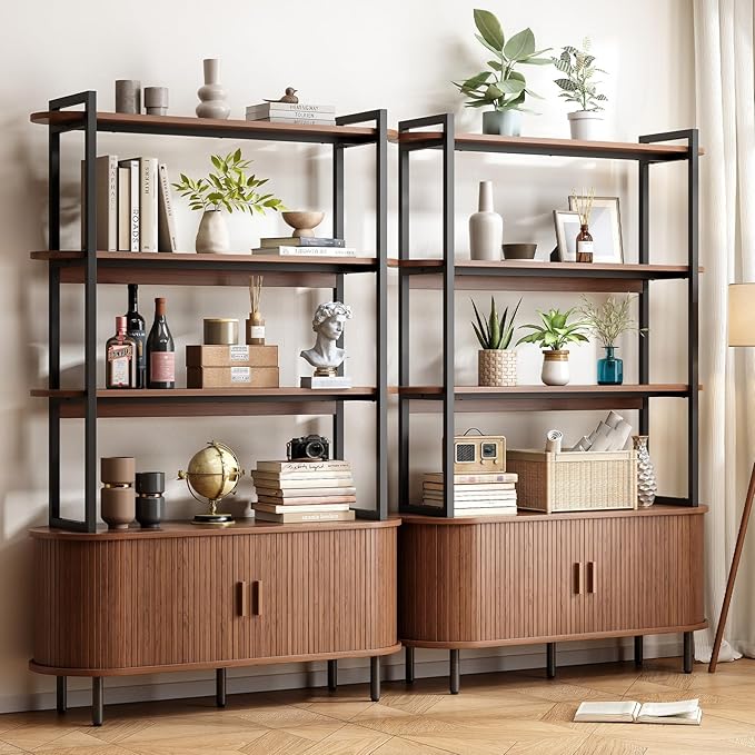 ONBRILL 71" Tall Bookshelf, 4-Tier Book Shelf with Storage Cabinet, Modern Bookcase with Sliding Door and Adjustable Footpad, Freestanding Storage Organizer Bookshelf for Living Room, Bedroom, Walnut