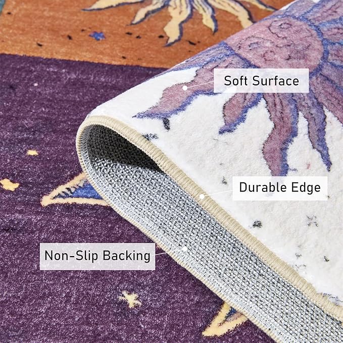Boho Sun and Moon 3x5 Rug Washable Indoor Thin Doormat, Vintage Mystical Celestial Checkerboard Entryway Rugs Non Slip, Hippie Retro Aesthetic Cute Astrology Throw Rugs for Kitchen Bedroom
