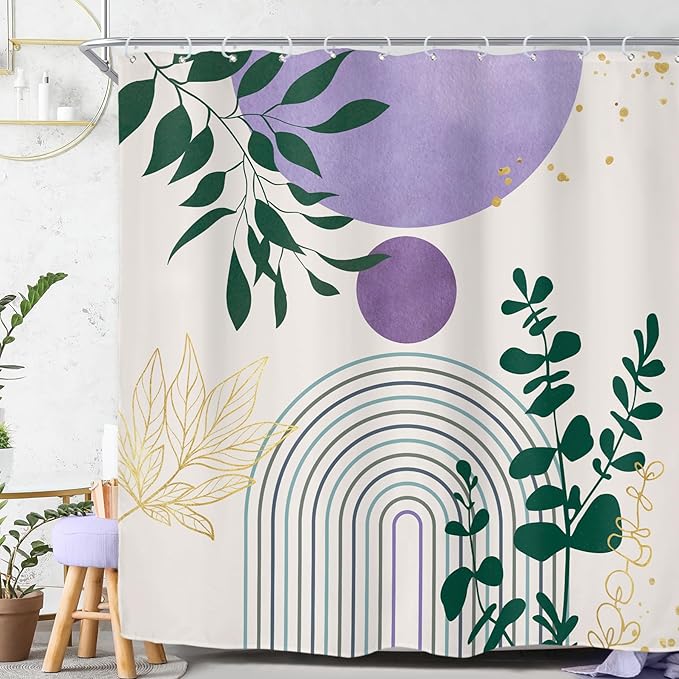 Riyidecor Purple Boho Modern Shower Curtain for Bathroom Decor 72Wx72H Bohemian Leaves Mid Century Eucalyptus Arch Line Art Printed Fabric Polyester Waterproof 12 Pack Plastic Hooks