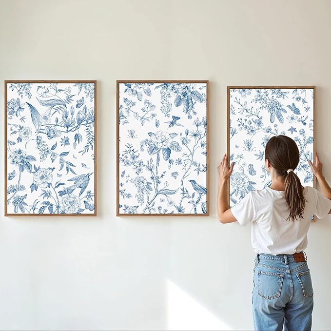 KaiWithYuan Large Navy Blue and White Floral Framed Canvas Wall Art, Classic Chinoiserie Peony Flower Wall Decor, Indigo Birds Art Paintings, Botanical Artwork for Living Room Bedroom Office 16"x24"x3