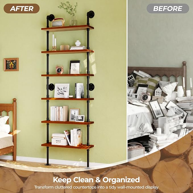 Pipe Industrial Shelves, Wall Mounted Wood Metal Ladder Rustic Bookshelf (Walnut Color, 6 Tier - 10" D x 30" W x 82.5" H)