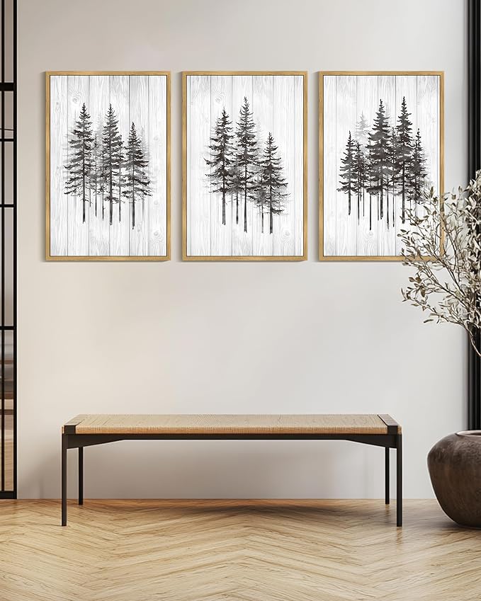 KUVIOKE Woodcut Pine Tree Framed Wall Art Nature Abstract Forest Wall Decor Rustic Minimalist Painting for Bedroom Dining Room 24x36in (Natural Framed)