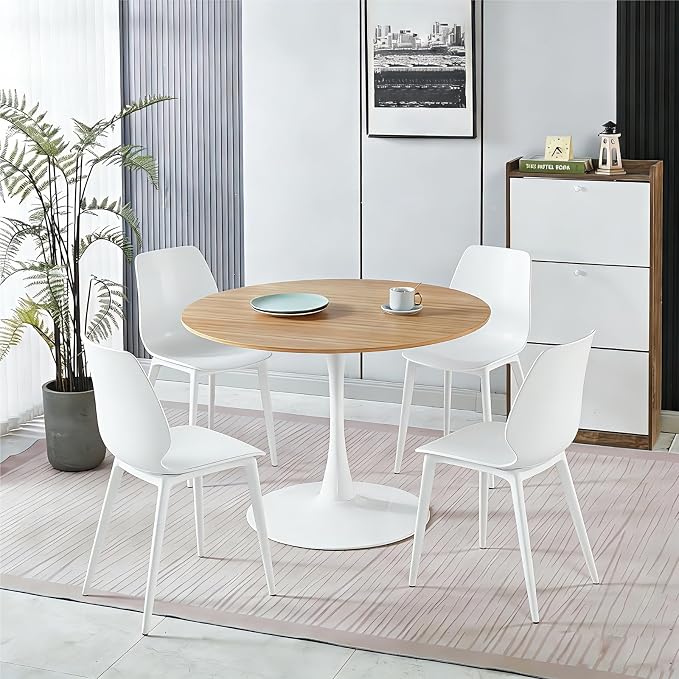 42 Inch White and Oak Round Dining Table for 4-6 Person,Mid-Century Oak Tulip Kitchen Table, Pedestal Metal Base Table for Kitchen Dining Room