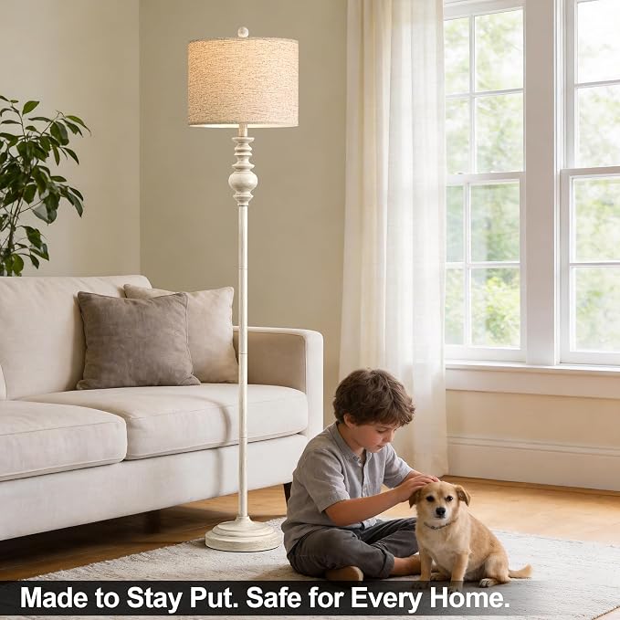 BOBOMOMO 64.25" Farmhouse Floor Lamp for Living Room, Tall Antique White Standing Lamp with Rotary Switch, Vintage Reading Lamp for Bedroom & Nursery, Rustic Home Decor Corner Lamp