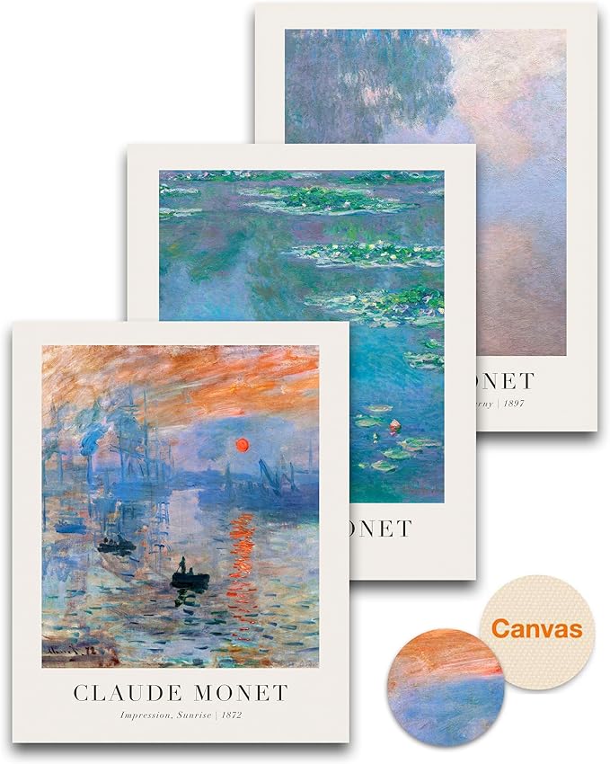 HesenDot Unframed Claude Monet Wall Art Set of 3,12x16in Water Lilies Impressionist Canvas Prints,Abstract Posters Decor,Minimalist Modern Artwork for Living Room Bedroom Office Home, Unframed