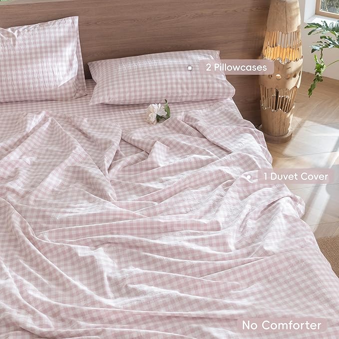 MooMee Gingham Duvet Cover Set 100% Washed Cotton Linen Like Textured Breathable Durable Soft Comfy Modern Checkered Design (Classic Gingham Greyish Pink, Oversized Full 82"x86")