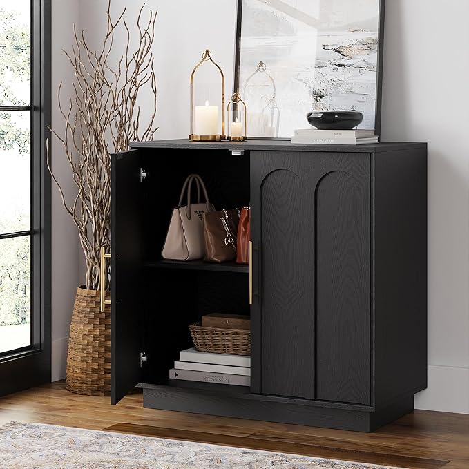 Sideboard Buffet Cabinet with Storage Set of 3, Mid Century Modern Accent Cabinet with Arched Doors, Modular Media Console, Credenza for Living Room Kitchen Dining Room Entryway, Black