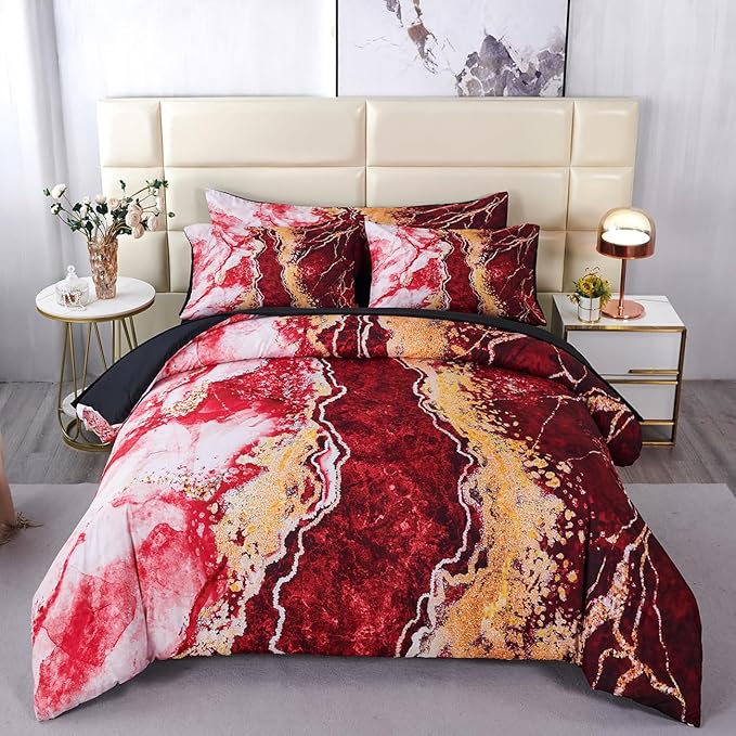 PERFEMET 6 Pcs California King Comforter Set Red and Gold Comforter with Sheets Burning Mountain Marble Printed Bedding Soft Luxury Artwork Watercolor Tie Dye Bedroom Set for All Season(Red, Cal King)