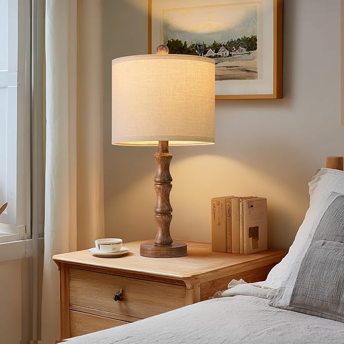 BOBOMOMO 20.5" Rustic Table Lamps Set of 2, Farmhouse Nightstand Lamp with Wood Grain Resin Base & Linen Shade, Small Bedside Lamp for Bedroom, Living Room & Apartment Décor- Ideal for Small Spaces