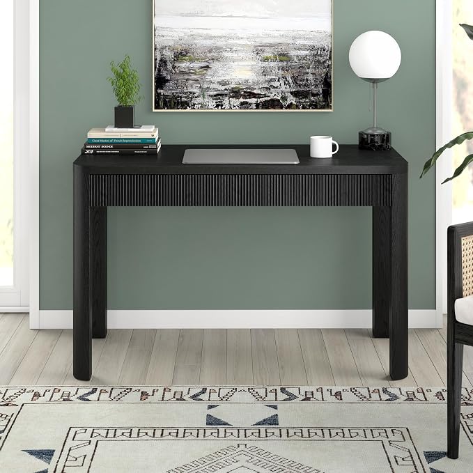 Henn&Hart 48" Fluted Modern Rectangular Wooden Home Office Desk Computer Desk Writing Table with 2 Ribbed Storage Drawers for Bedroom, Living Room, or Home Office, Natural Black