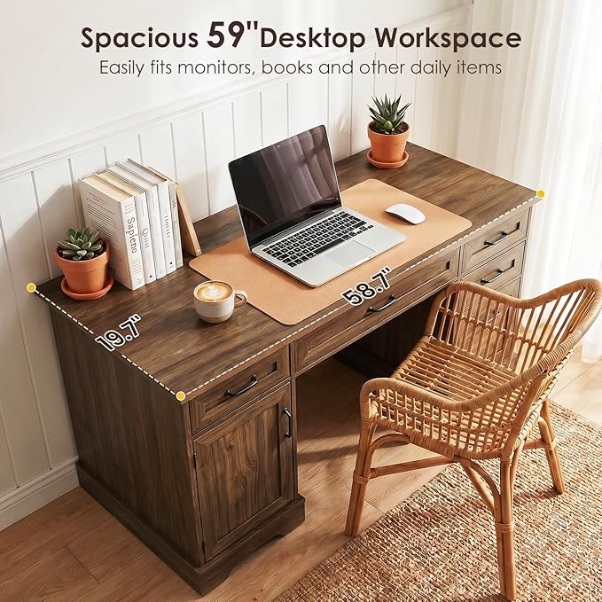 OffiGo 59 Inch Farmhouse Desk with Drawers, Executive Computer Desk with Charging Station, Wood File Cabinet Storage for Home Office, Walnut