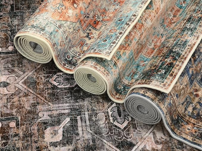 Washable 4x6 Area Rug Boho Vintage Floral Small Carpet Low Pile Soft Bedroom Carpet Non Slip Office Rugs Non Shedding Floor Covers for Nursery Kitchen Dining Living Room Blue Brown