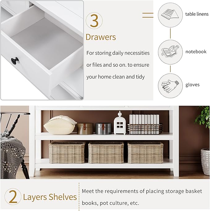 LUMISOL Long Console Table with 3 Storage Drawers, Solid Wood Sofa Table with Storage & Open Shelves, Retro Entryway Tables for Hallway Living Room, 50''L x 16''W x 30.2''H (Antique White)