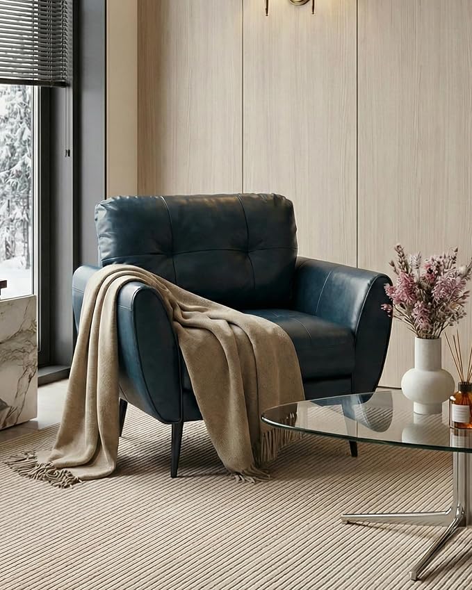 TYBOATLE Accent Chair, Comfy Modern Living Room Blue Leather Reading Accent Chairs Tufted Mid Century Arm Chair Small Salon Chair for Office Bedroom (1, Blue)
