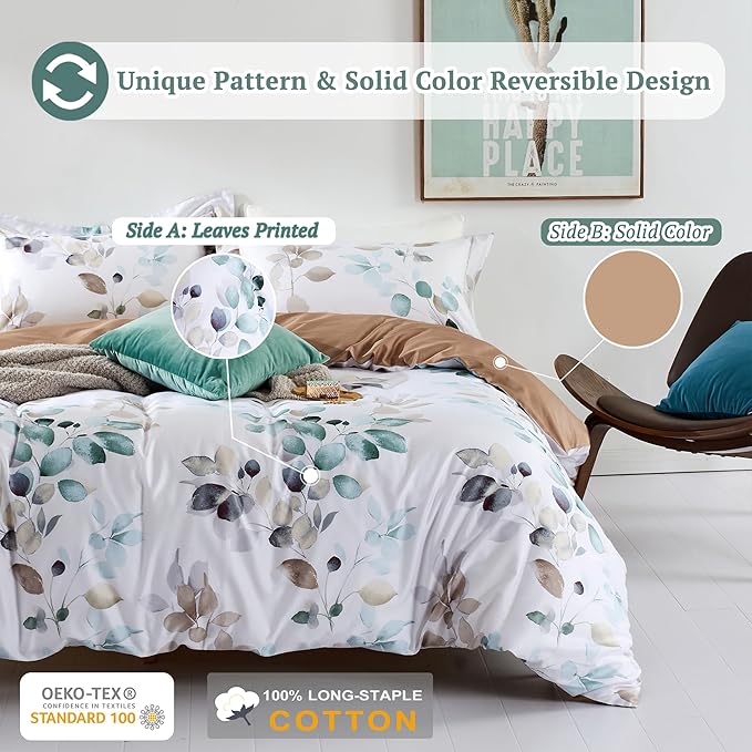 MILDLY 100% Long-Staple Cotton Duvet Cover Set Teal Blue Green Leaf Pattern Printed Comforter Cover 2pcs, Ultra Soft & Breathable Bedding Set