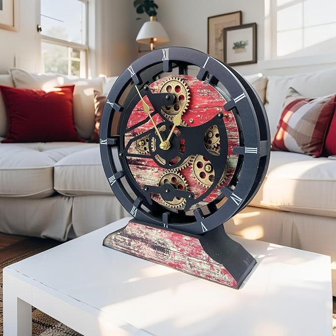 ImprovingLife The Gears Clock Desk Clock 10 inches with Real Moving Gears Convertible into Wall Clock (Red Lava)