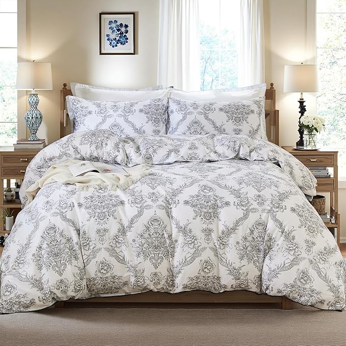 100% Cotton Duvet Cover Set Queen Size – Elegant Damask Print, Soft & Breathable Bedding with Zipper and Corner Ties, 3-Piece Reversible Comforter Cover Set