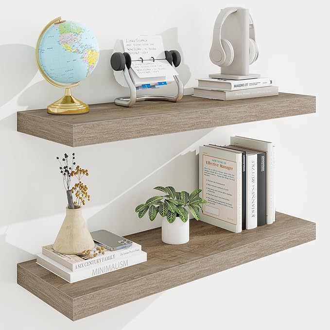 30in Floating Shelves for Wall, 30"W x 9.25"D x 1.25"H, 2 Pack Long Wall Mounted Engineered Wood Shelves with Invisible Brackets for Living Room, Bedroom, Bathroom, Kitchen Decor and Storage, Grey