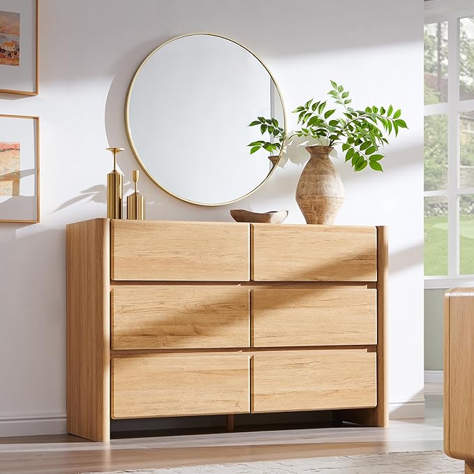 Modern 6 Drawers Dresser for Bedroom, 47" Wide Dresser w/Large Storage & Rounded Corner, Wood Handleless Chests of Drawers w/Natural Texture for Bedroom, Hallway, Living Room-Natural