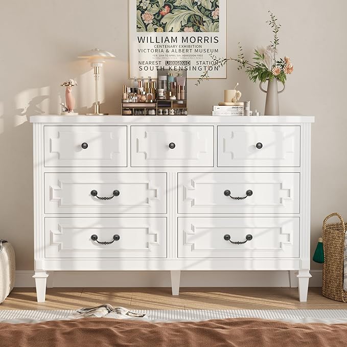 7 Drawer Dresser for Bedroom, 36" Tall Dresser & Chest of Drawers wtih Vintage Surface, Closet Storage Cabinet for Living Room, Hallway, White