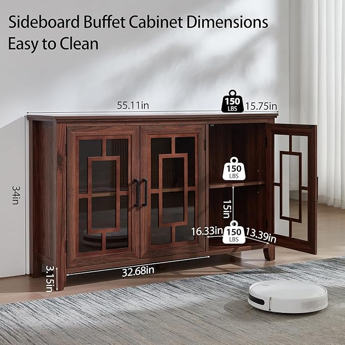 Large Sideboard Buffet Cabinet with Storage, 55" Farmhouse Kitchen Coffee Wine Bar Cabinet with 3 Glass Doors, Wood Mid Century Modern Side Board Table for Dining Room, Living Room,Brown
