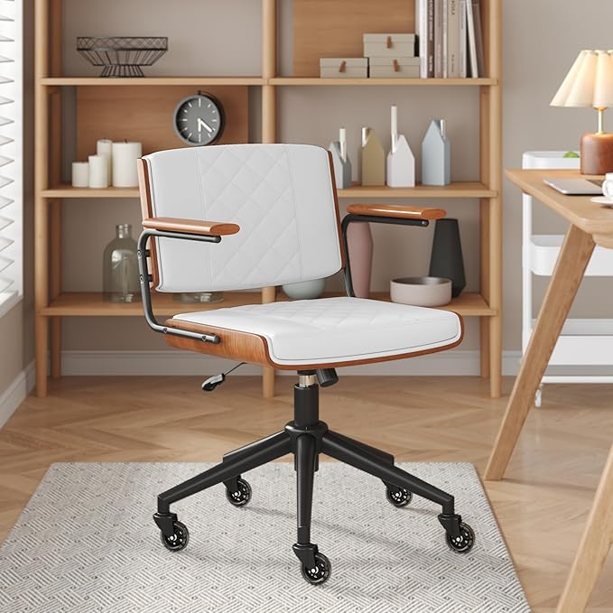 Ergonomic Office Chair with Rubber Wheels & Walnut Arms - PU Leather Mid-Back Desk Chair, Adjustable Height, Bentwood Backrest | Swivel Rocking Design for Home Office, Meeting Room, Study