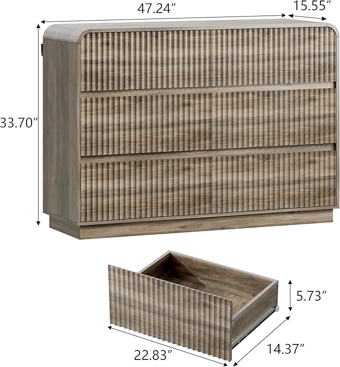 Grey Dresser Fluted 6 Drawers Dresser for Bedroom, 47" Wide Wood Chest of Drawers with Hidden Handles & Rounded Corners, Modern TV Stand Storage Cabinet for Living Room, Hallway, Entryway
